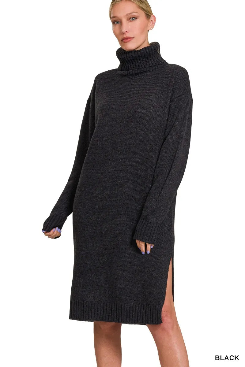 Ribbed Turtle Neck Long Sleeve Midi Sweater Dress in Black