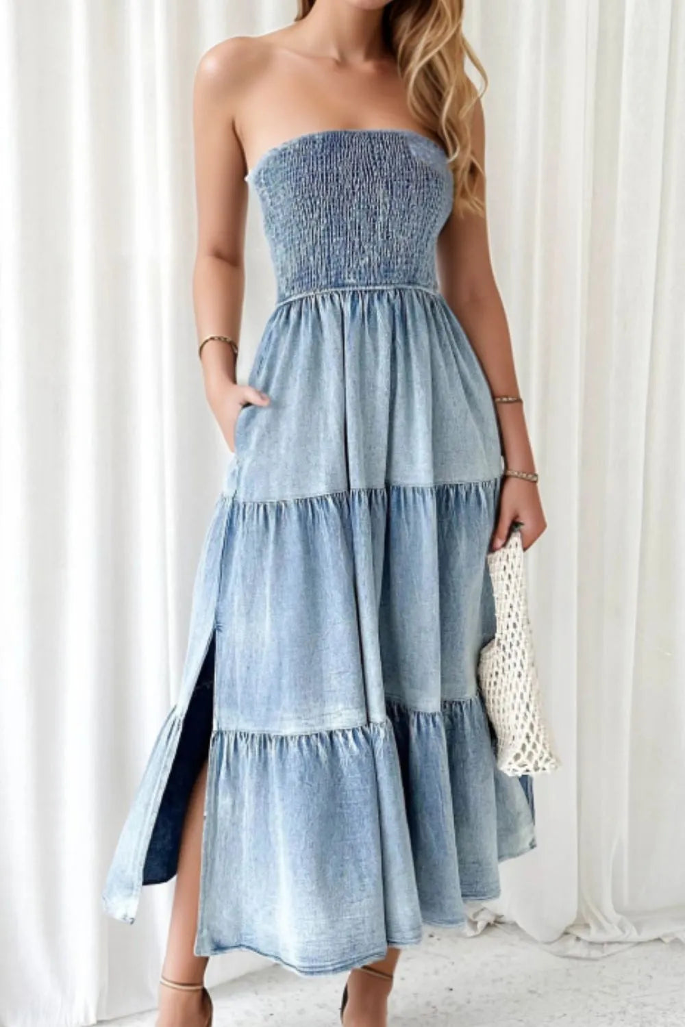 Smocked Tube Slit Tiered Denim Dress — Livostyle