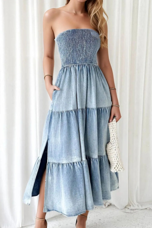 Smocked Tube Slit Tiered Denim Dress — Livostyle