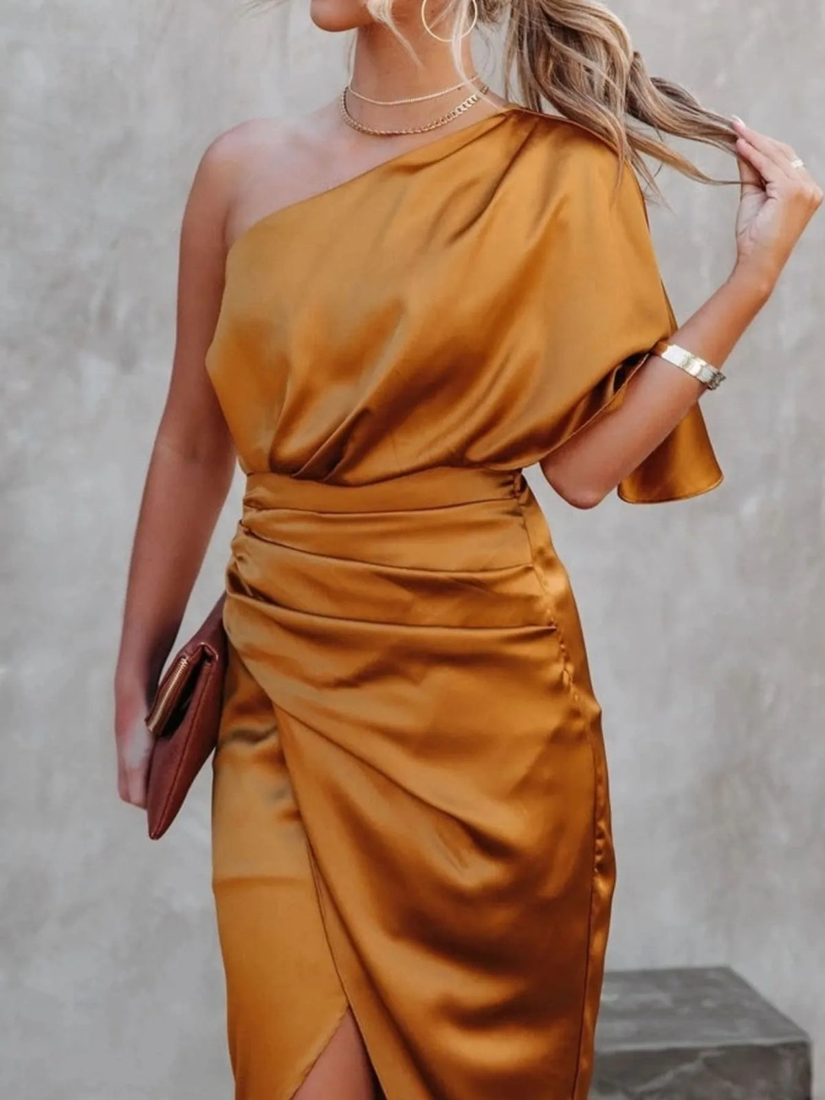 One-Shoulder Satin Wrap Dress with Side Slit – photo 8