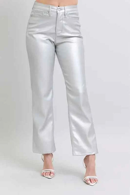 High Waist Silver Faux Leather Pants — Livostyle