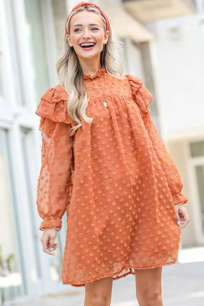 Elegant Textured Woven Dress with Lovely Ruffle Shoulder — Livostyle