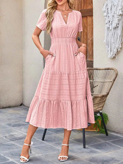 Tiered Notched Short Sleeve Dress — Livostyle