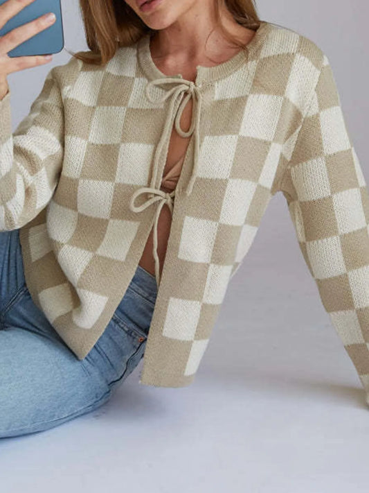 Checkered Tie-Front Cropped Cardigan detail — Livostyle