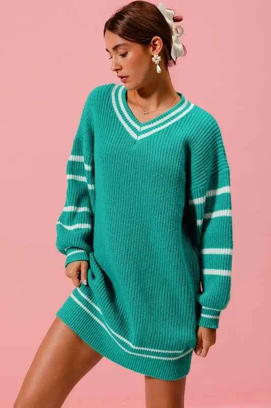 SO ME Loose V Neck Sweater Dress with Striped Sleeves