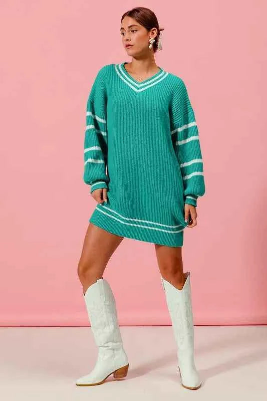 SO ME Loose V Neck Sweater Dress with Striped Sleeves