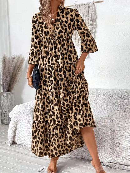 Leopard 3/4 Sleeve Ruched Midi Dress