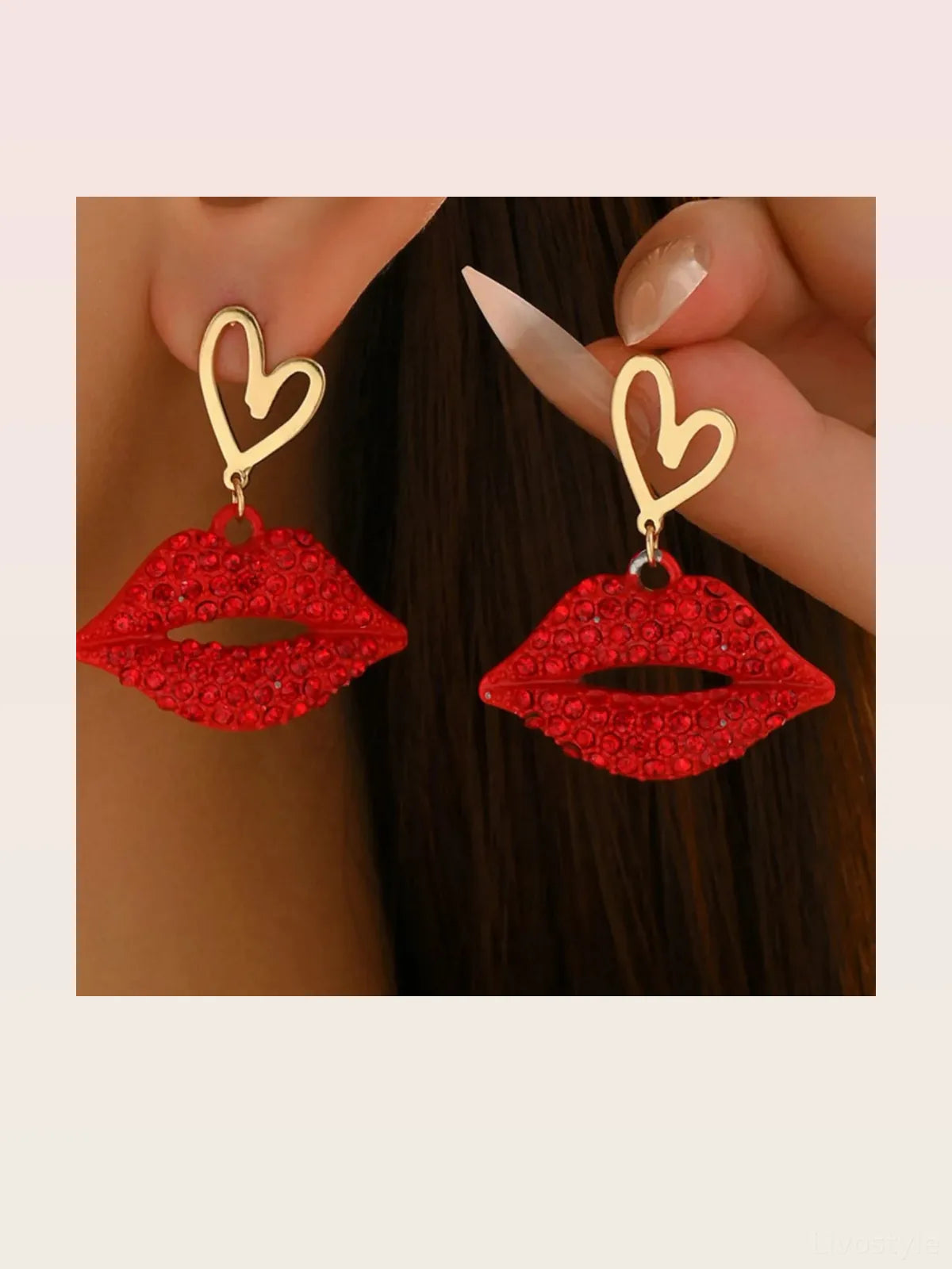 18K Gold-Plated Rhinestone Lips Heart Dangle Earrings — styled showcase — Livostyle