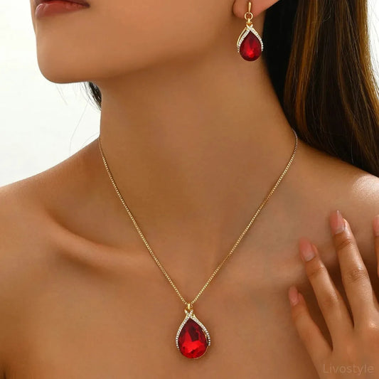 18K Gold-Plated Rhinestone Teardrop Necklace and Earrings Je — square view — Livostyle