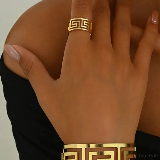 18K Gold-Plated Stainless Steel Geometric Bracelet and Ring  — square view — Livostyle