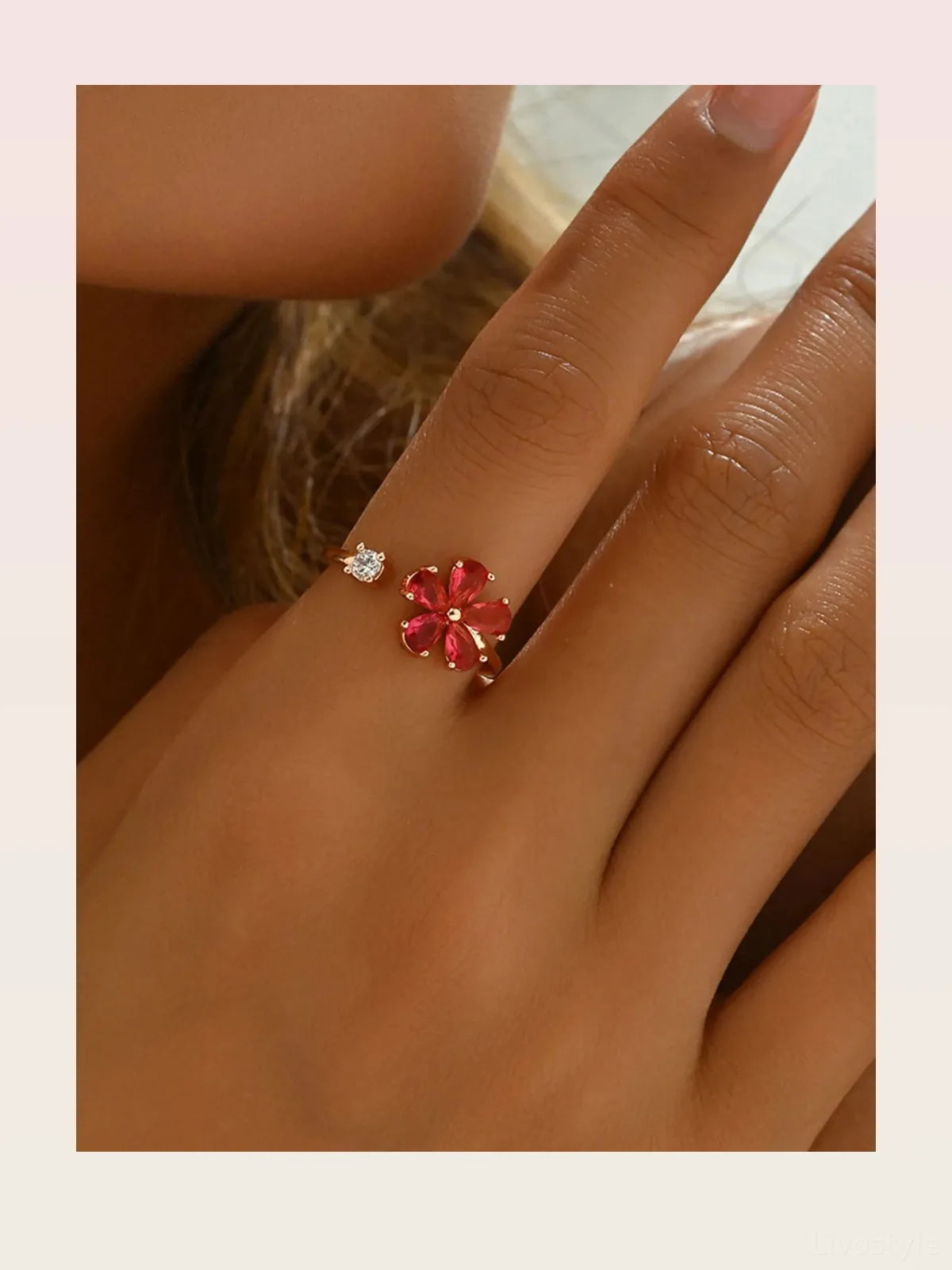 18K Gold-Plated Stainless Steel Zircon Flower Ring — styled showcase — Livostyle