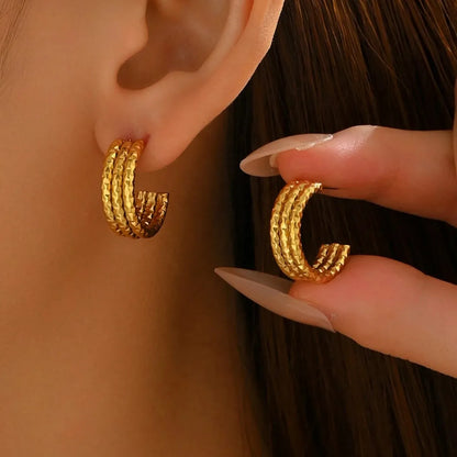 18K Gold-Plated Textured Triple Band Hoop Earrings — square view — Livostyle