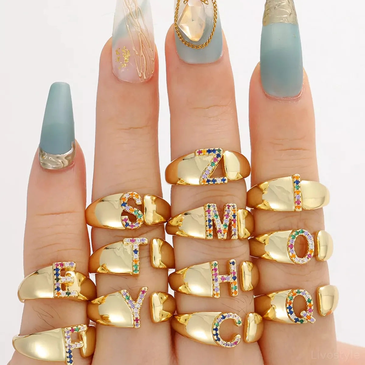 18K Gold-Plated Zircon Letter Ring — square view — Livostyle