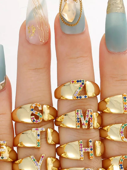 18K Gold-Plated Zircon Letter Ring — detail view — Livostyle