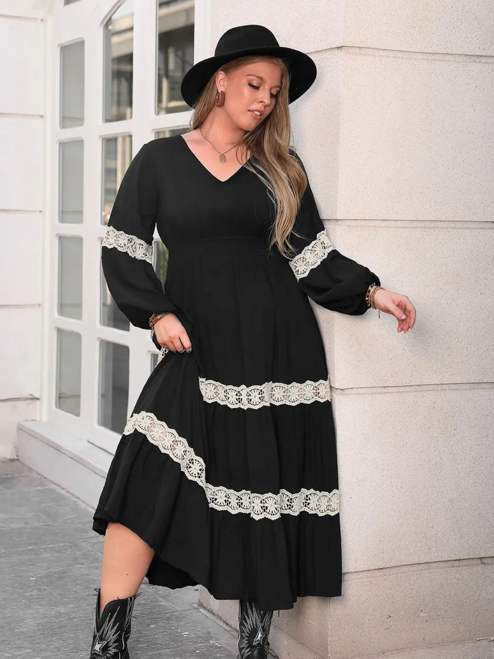 Lace Detail Openwork V-Neck Long Sleeve Midi Dress – Plus Size – photo 5