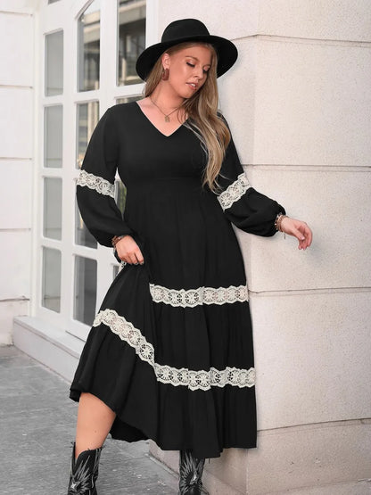 Lace Detail Openwork V-Neck Long Sleeve Midi Dress – Plus Size – photo 5