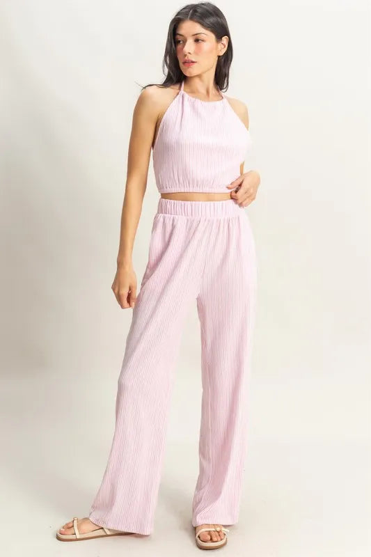 Striped Halter Neck Top and Pants Set — Livostyle