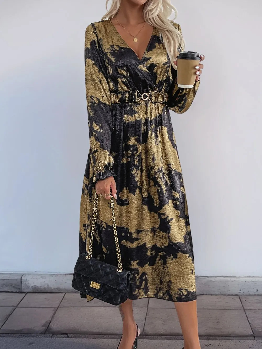 Printed Surplice Long Sleeve Midi Dress – photo 3