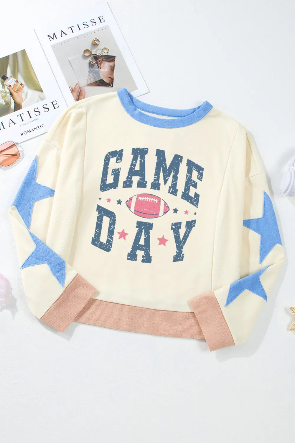 GAME DAY Star Patch Round Neck Long Sleeve Sweatshirt styling — Livostyle