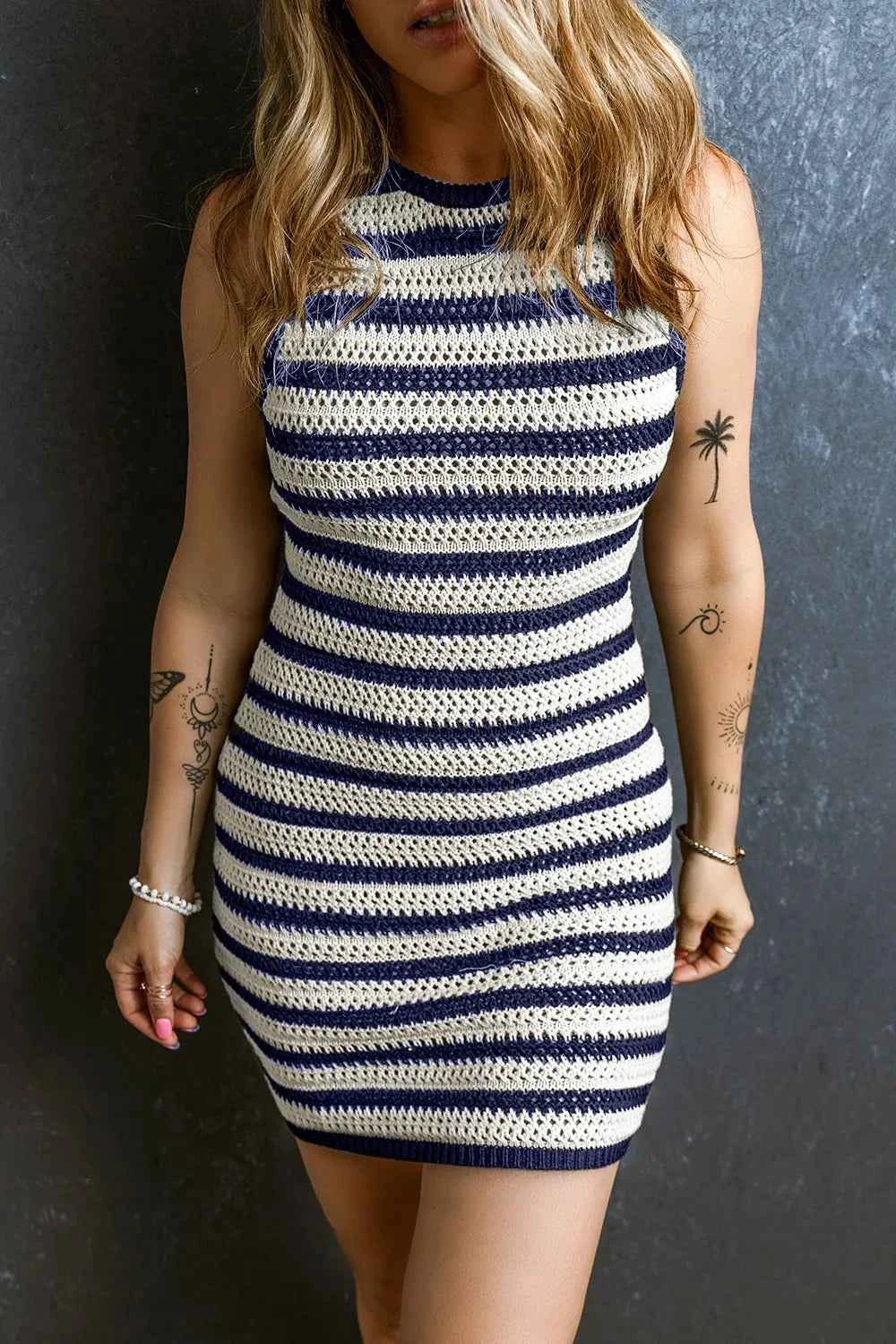 Stripe Hollowed Knit Sleeveless Sweater Dress