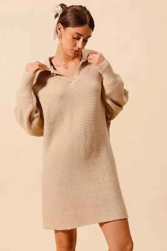 SO ME Ribbed Knit Collar Neck Dress