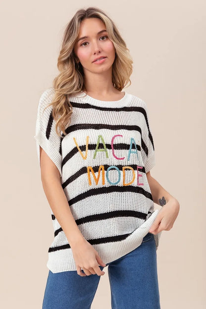 Vacation Mode Cotton Striped Sweater with Drop Shoulder Design — Livostyle