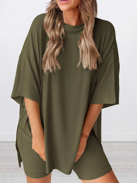 Oversized Slit Round Neck Top and Shorts Lounge Set — Livostyle