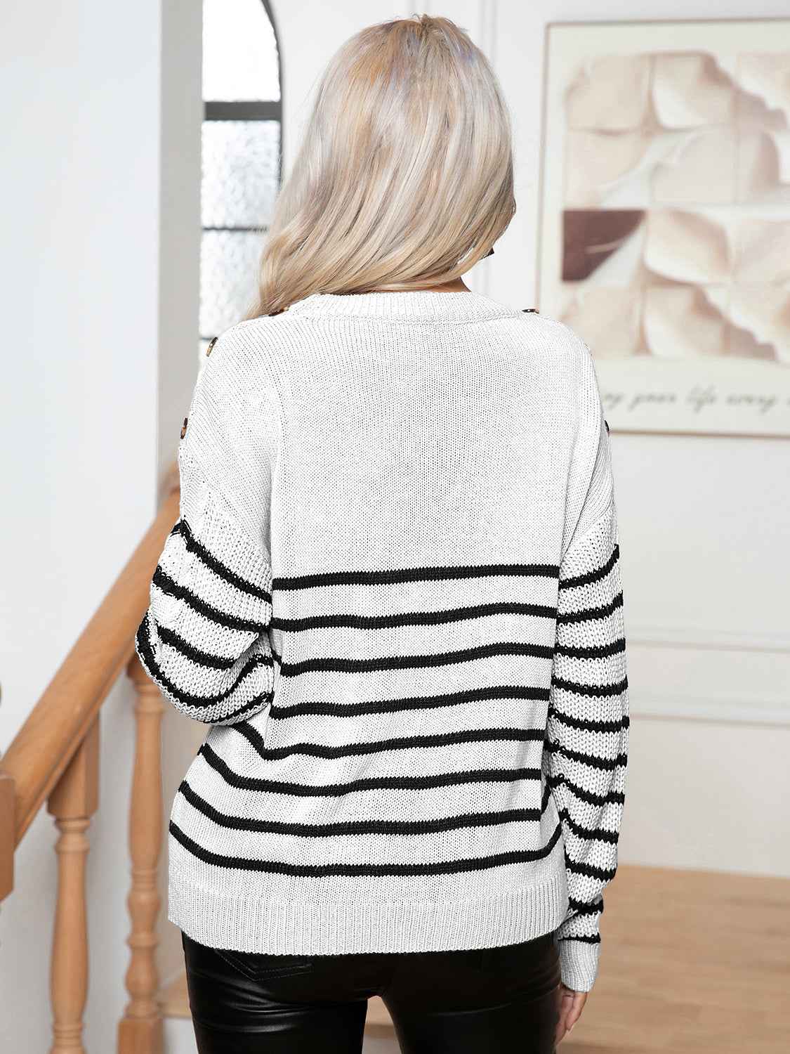 Striped Round Neck Cable-Knit Sweater