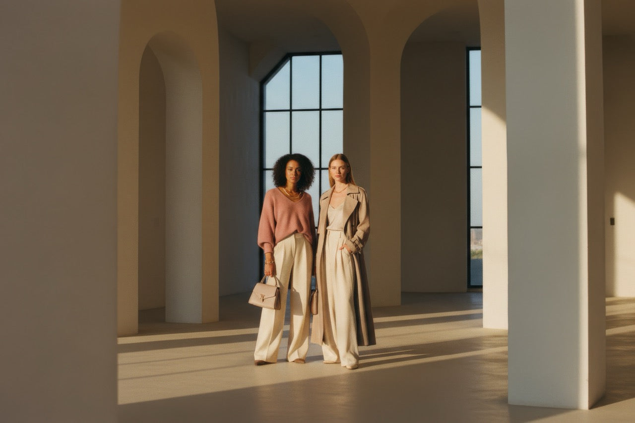 Two confident women walking in elegant spring outfits — Livostyle curated fashion collection