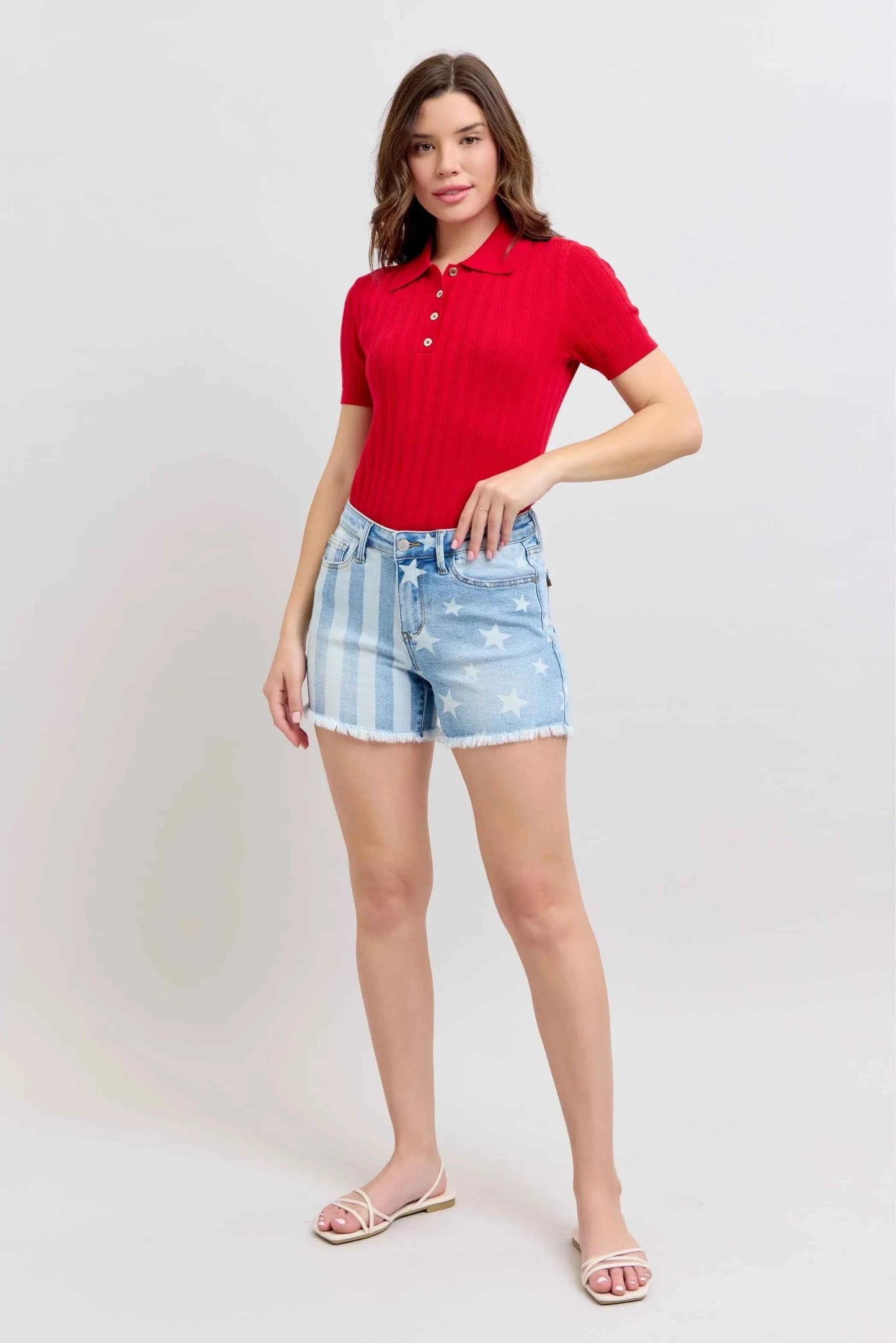 Judy Blue Full Size Mr Star & Stripe Bleach Discharge Fray Hem Denim Shorts Plus Size