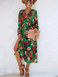 Printed Belted Surplice Long Sleeve Midi Dress with Slit in Green