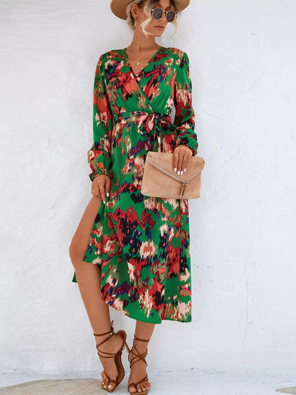 Printed Belted Surplice Long Sleeve Midi Dress with Slit in Green