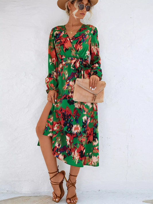 Printed Belted Surplice Long Sleeve Midi Dress with Slit in Green