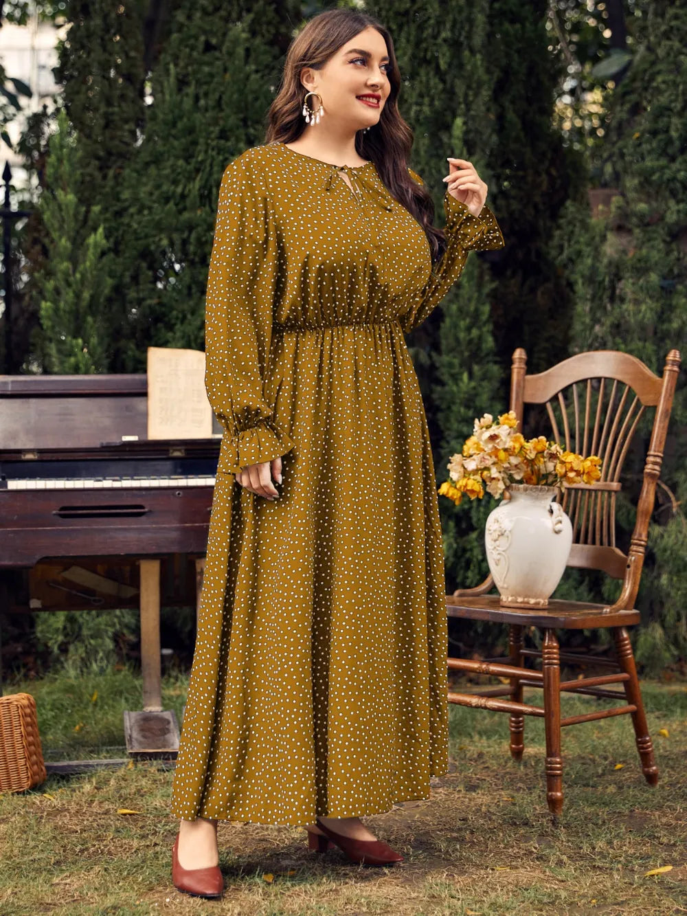 Ruffled Polka Dot Long Sleeve Midi Dress – Plus Size – photo 13