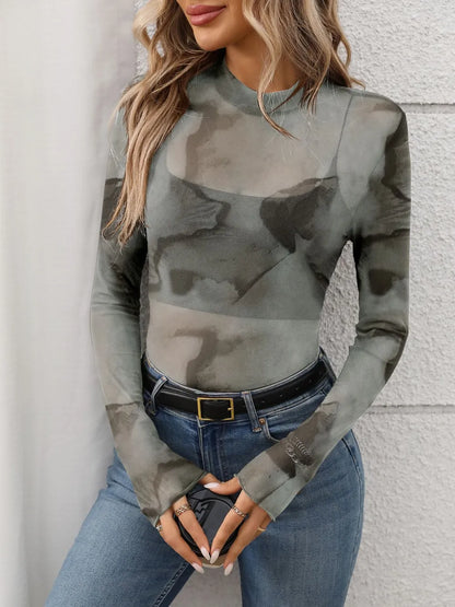 Printed Mock Neck Long Sleeve Mesh T-Shirt — Livostyle