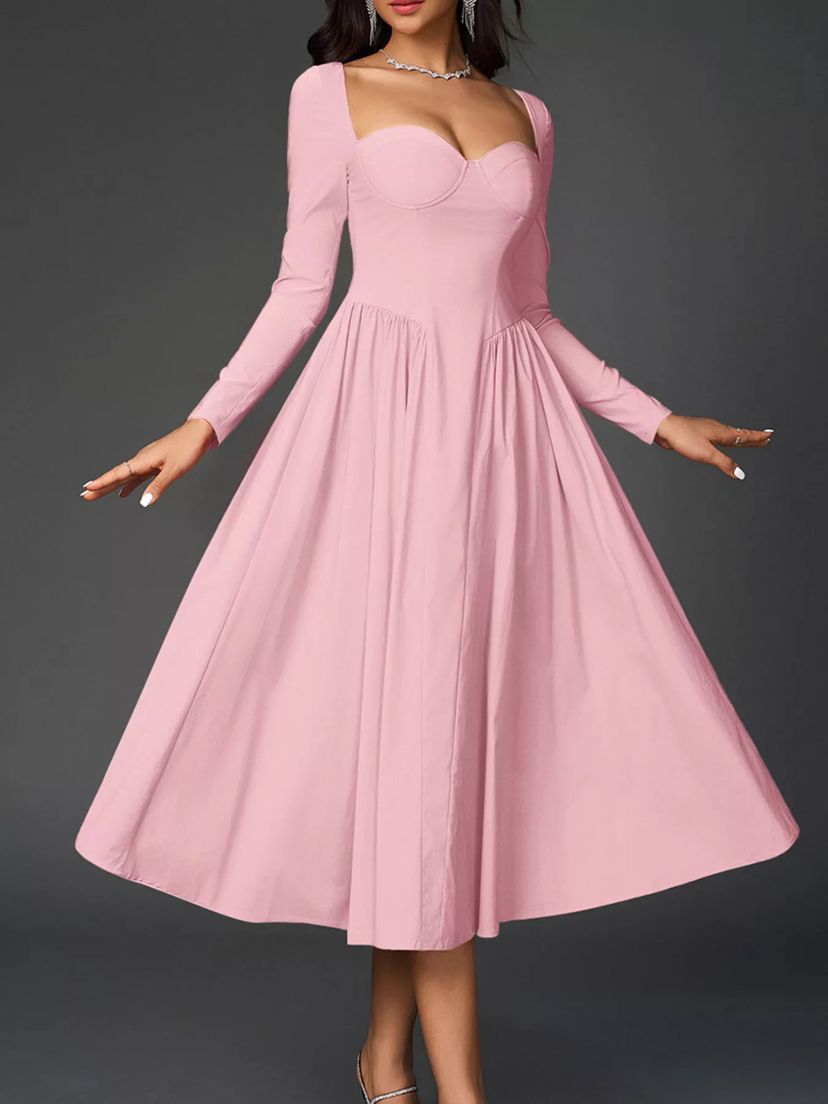 Sweetheart Neckline Long Sleeve A-Line Midi Dress – photo 22