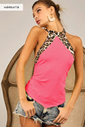 Leopard Print Halter Top with Tie Detail in Magenta