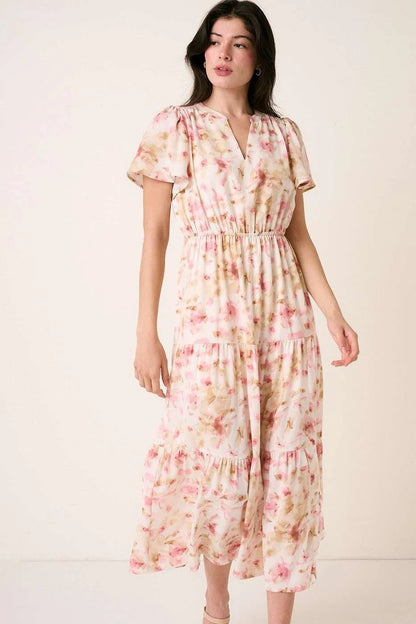 Flower Print Flutter Sleeve V Slit Maxi Dress — Livostyle