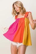 Color Block Smocked Babydoll Top with Frill Straps