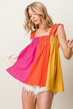 Color Block Smocked Babydoll Top with Frill Straps