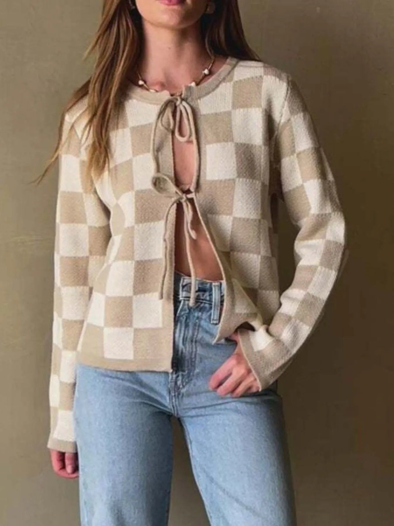 Checkered Tie-Front Cropped Cardigan closeup — Livostyle