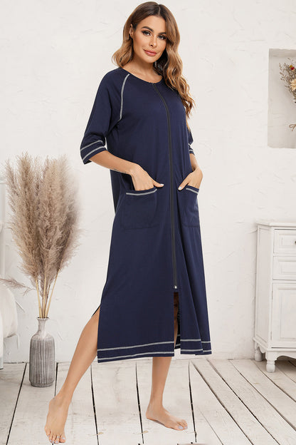 Zip Up Slit Round Neck Night Dress with Pockets — Livostyle