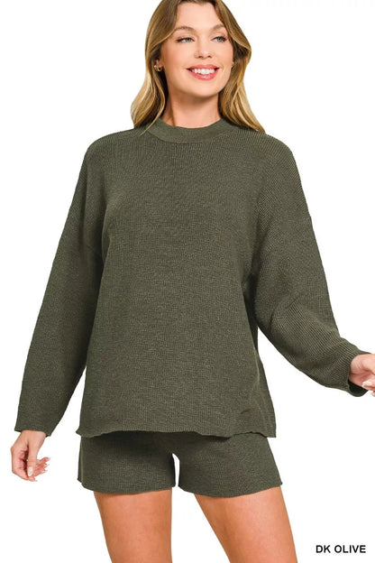 Round-neck knit top and shorts sweater matching set — Livostyle