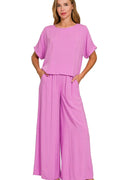 Round Neck T-Shirt and Wide Leg Pants Set in Bright Mauve — Livostyle