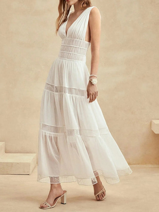 Tiered V-Neck Sleeveless Smocked Maxi Dress