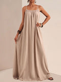 Spaghetti Strap Flowy Ruched Maxi Dress in Khaki
