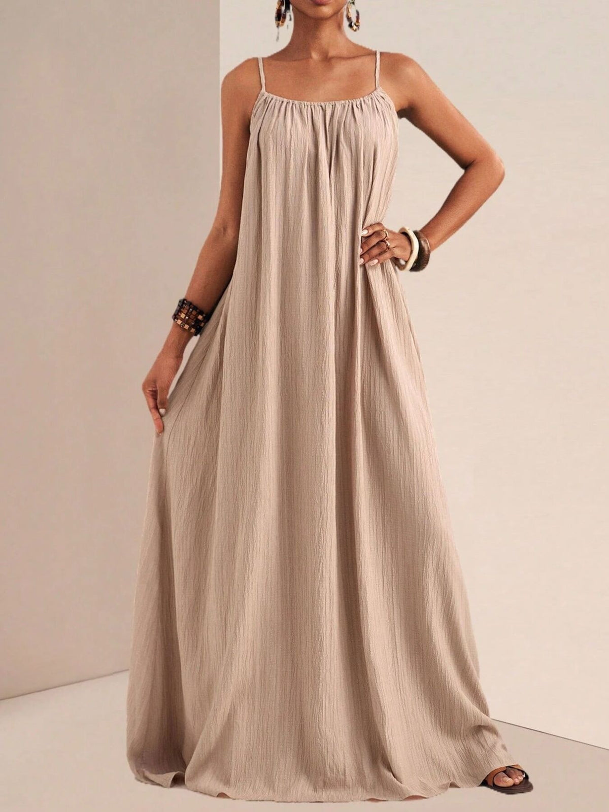 Spaghetti Strap Flowy Ruched Maxi Dress in Khaki