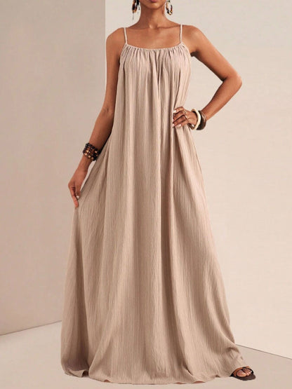 Spaghetti Strap Flowy Ruched Maxi Dress in Khaki