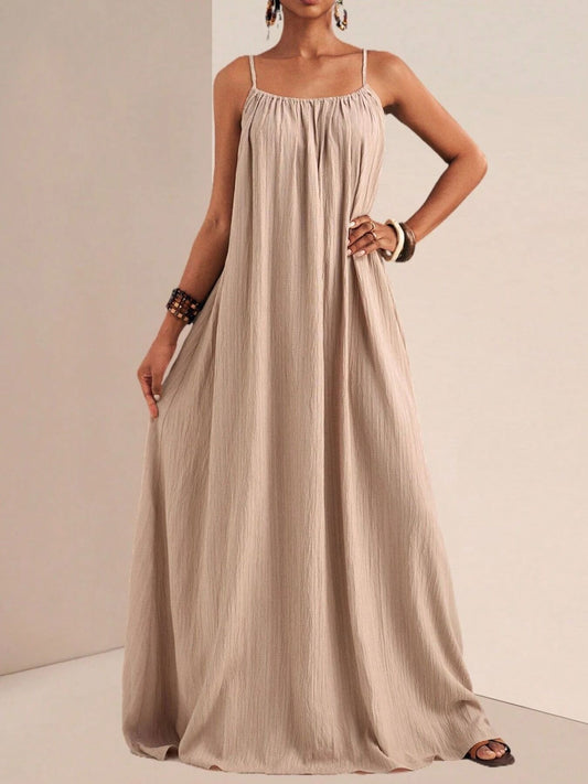 Spaghetti Strap Flowy Ruched Maxi Dress in Khaki