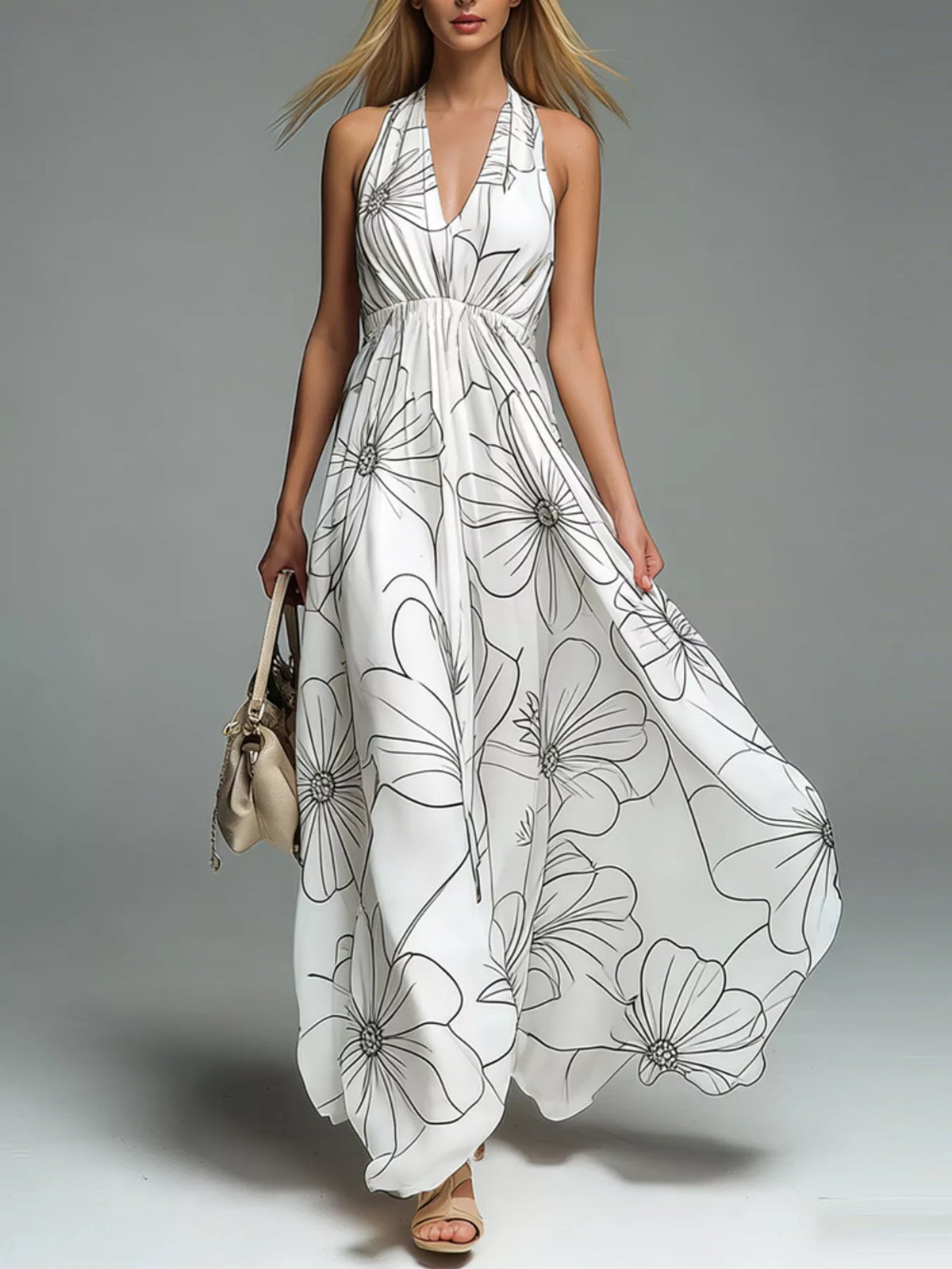Halter Neck Printed Flowy Maxi Dress with Ruched Detail in White
